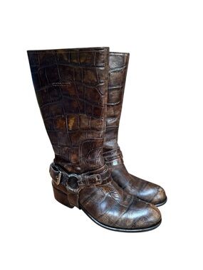 Christian Dior Harness Boots Women 7.5 Moto Racing Biker Brown Crocodile Leather